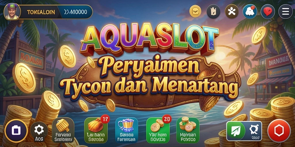 Tampilan gameplay AQUASLOT dengan mesin slot yang beragam dan kasino yang meriah.