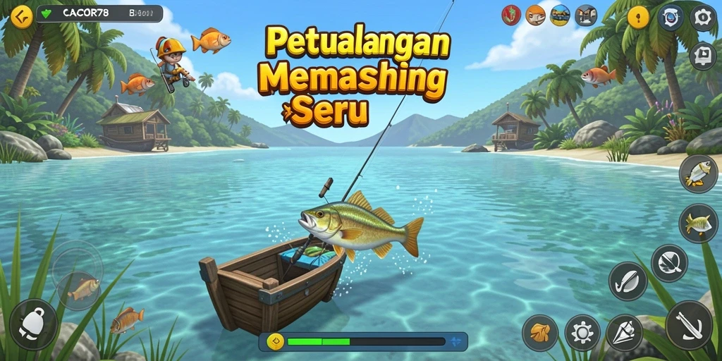 Screenshot utama CACOR78 menunjukkan gameplay memancing yang menarik dan penuh aksi.