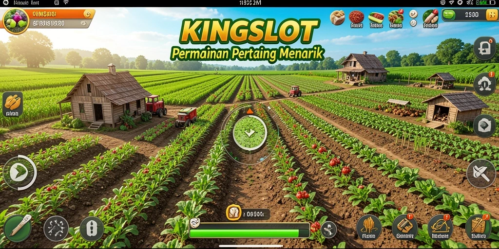 Gameplay KINGSLOT yang menunjukkan aktivitas pertanian yang seru.