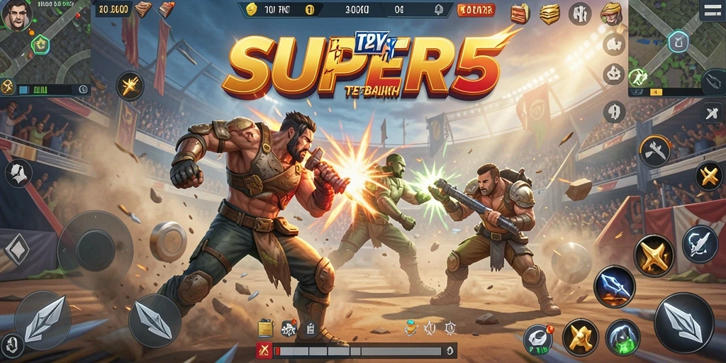 Screenshot gameplay SUPER5 yang menampilkan pertarungan seru Battle Royale.