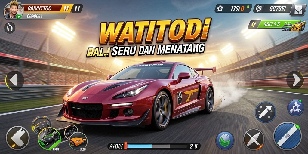 Screenshot gameplay WATITOTO dengan mobil balap di trek menantang.